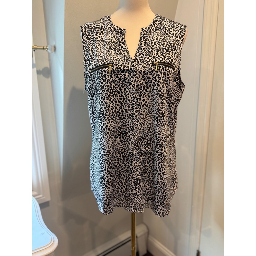 Nanette Lepore White Leopard‎ Sleeveless Blouse Zipper Pockets Chic | Size Large